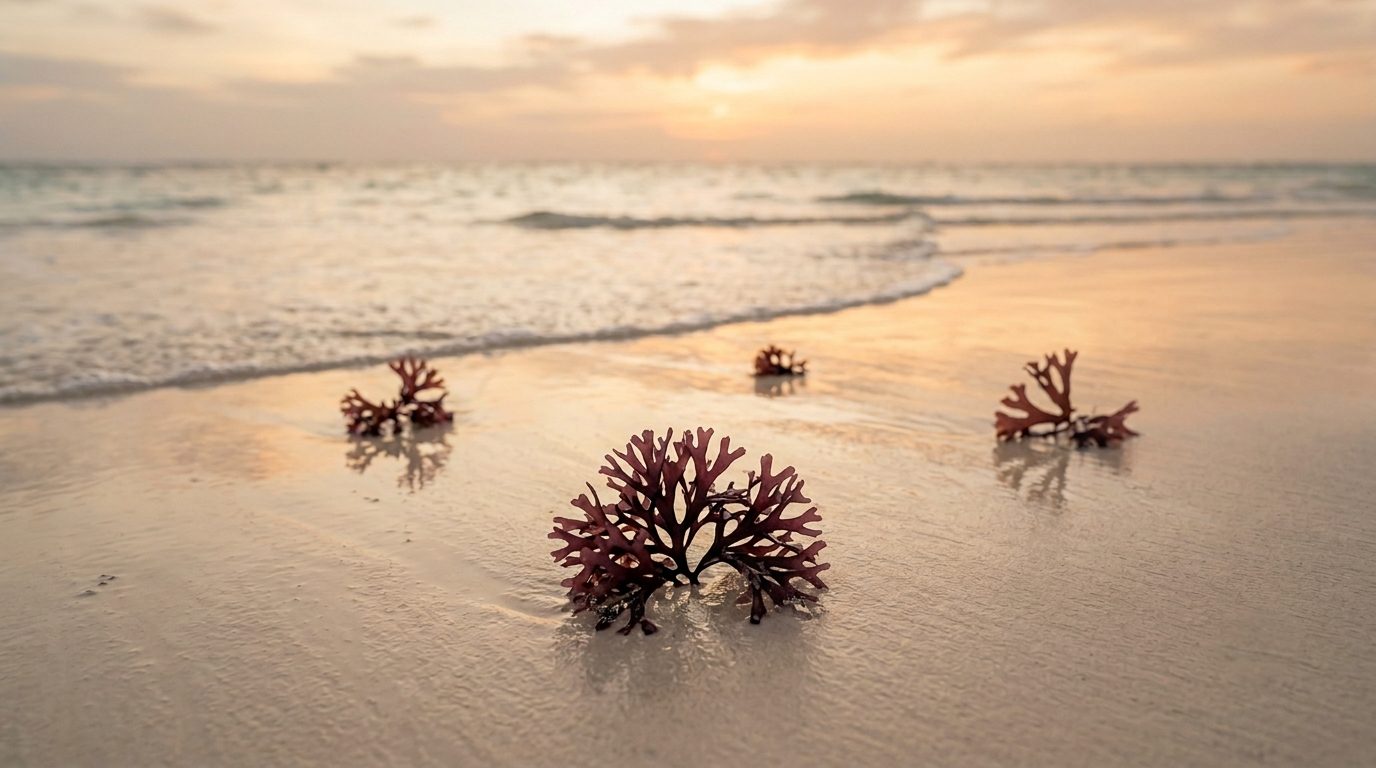 Red seaweed (Chondrus Crispus) washed onto the Kenyan coast at golden hour